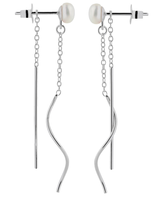 Perlenohrstecker mit langen hängenden Ketten und Stäben aus 925 Silber Seitenansicht