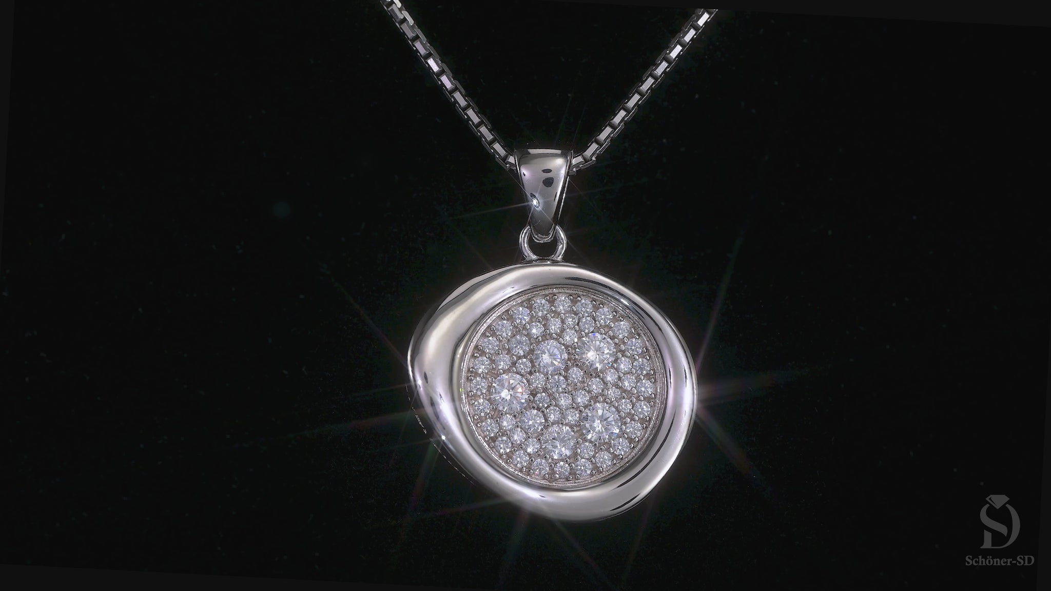 Schöner-SD Kristall Halskette mit rundem Anhänger in Pavé-Fassung aus 925 Silber und funkelndem Zirkonia-Besatz.