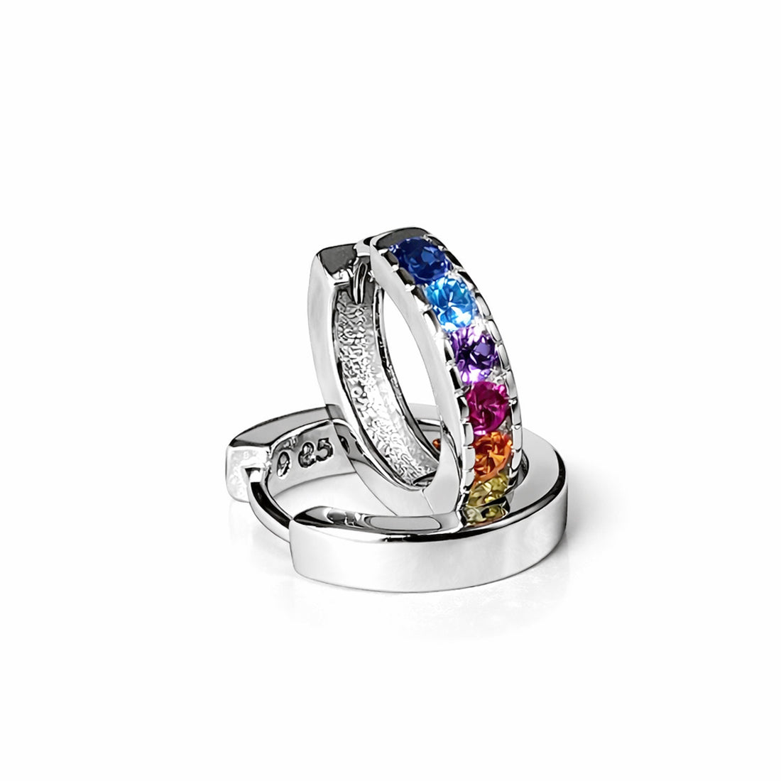 Bunte Zirkonia Creolen 16 mm aus 925 Silber rhodiniert Vorder- und Rückansicht
