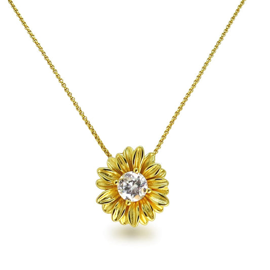 Kette 925 Silber vergoldet mit Blüten-Anhänger mit zentralem Zirkonia, von Schöner-SD.