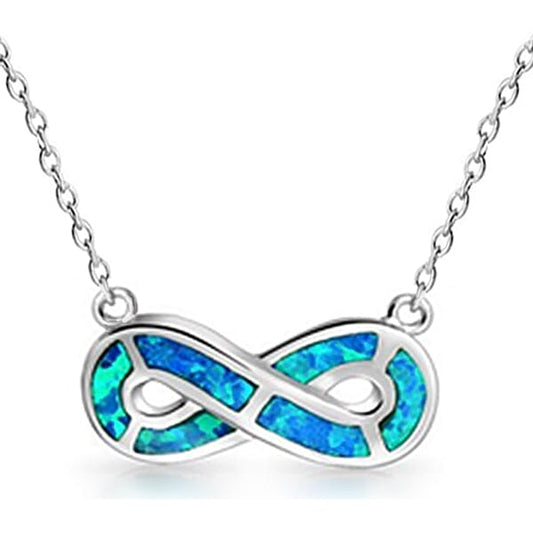 Schöner-SD Infinity Halskette aus 925 Silber rhodiniert mit blauem synthetischem Opal, Frontalansicht.