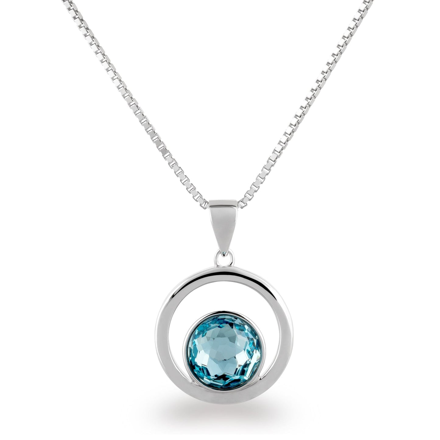 Kette mit Anhänger runde Kreis außen und Kristall in Aquamarin-Blau 925 Silber, Marke: Schöner-SD 