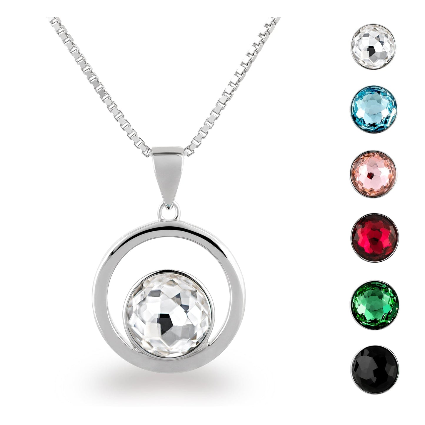 Schöner-SD Halskette mit rundem Kreis-Anhänger aus 925 Silber rhodiniert Darstellung lieferbare Kristallfarben.