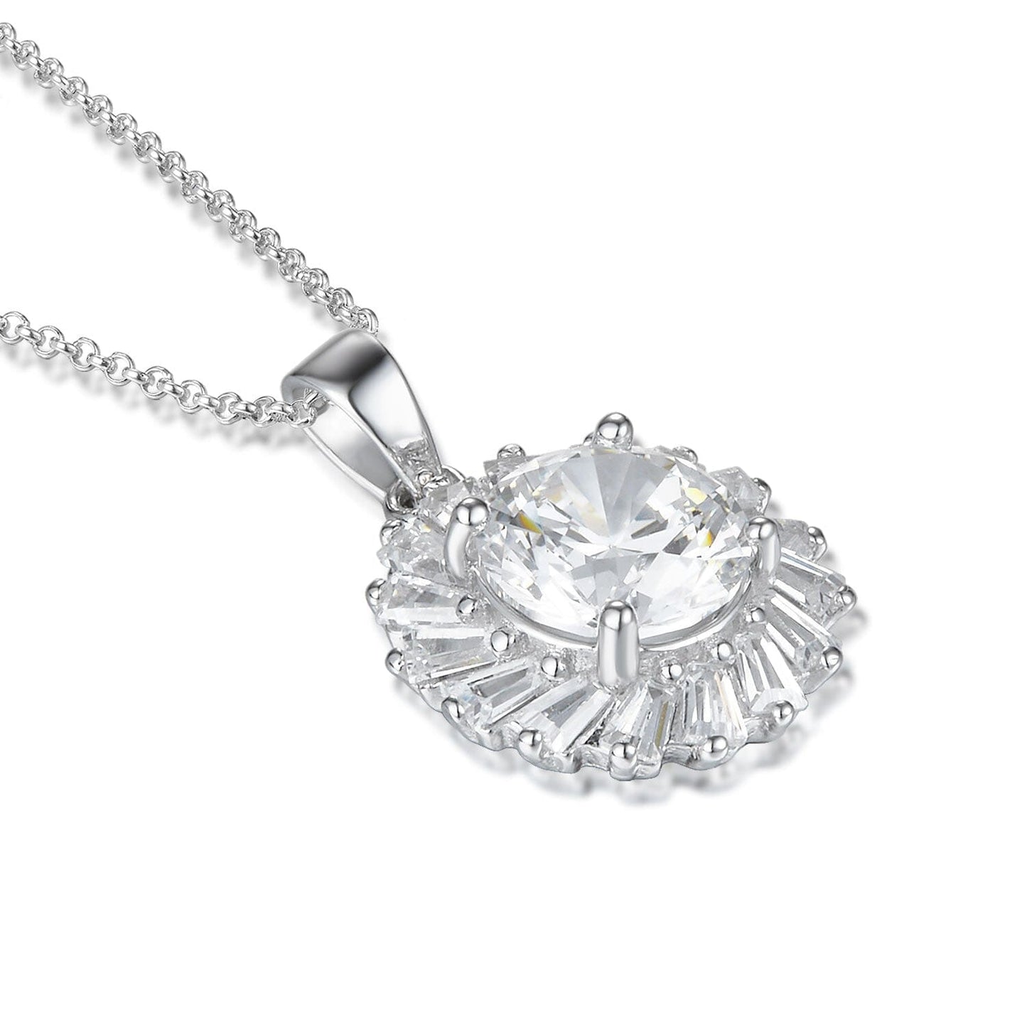 Schöner-SD Halskette, liegende Ansicht des Sunburst-Anhängers mit Zirkonia Steinen in 925 Sterling Silber.