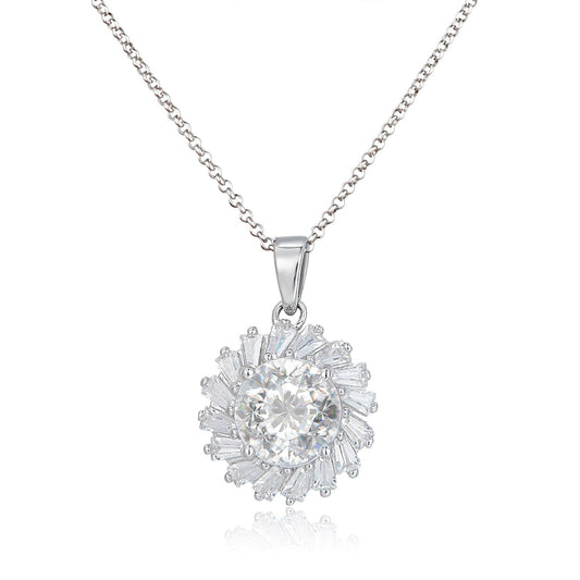 Schöner-SD Kristall Halskette mit strahlenförmigem Sunburst Anhänger aus 925 Silber mit funkelndem Zirkonia Besatz.