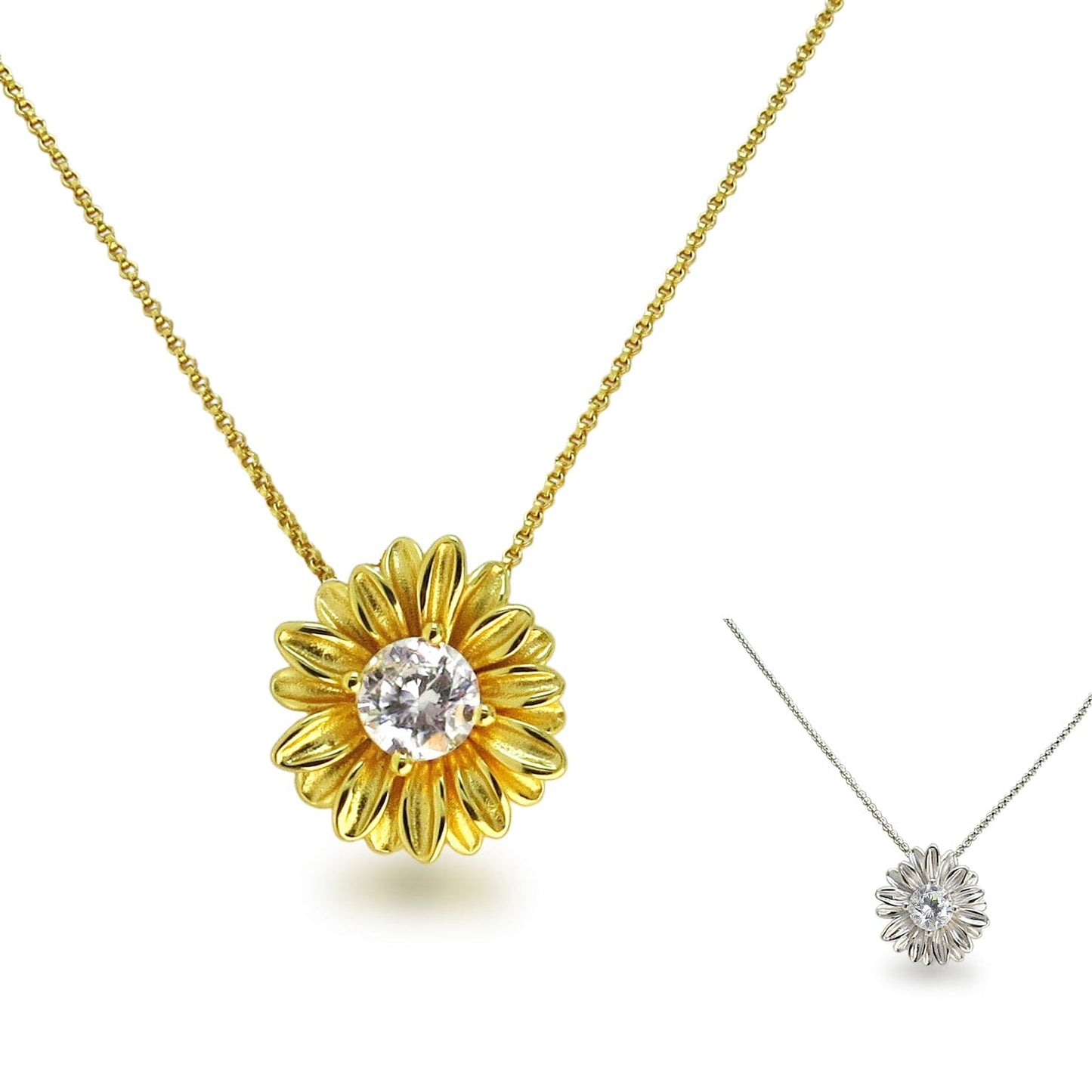 Schöner-SD Halskette mit Blüten-Anhänger aus 925 Silber rhodiniert oder vergoldet und zentralem Zirkonia.