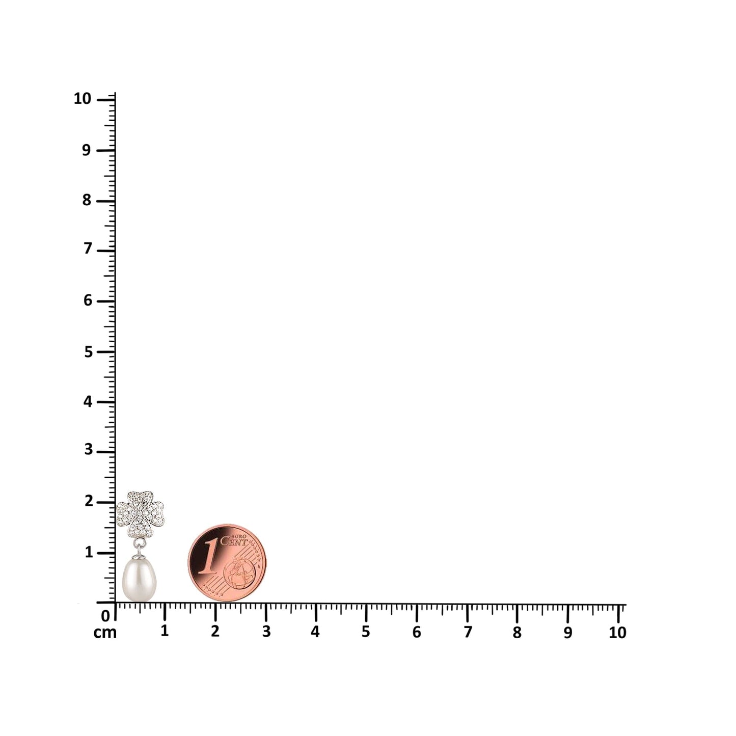Schöner-SD Perle Größenvergleich der Kleeblatt Perlenohrstecker neben einem Lineal zur exakten Darstellung der Proportionen.