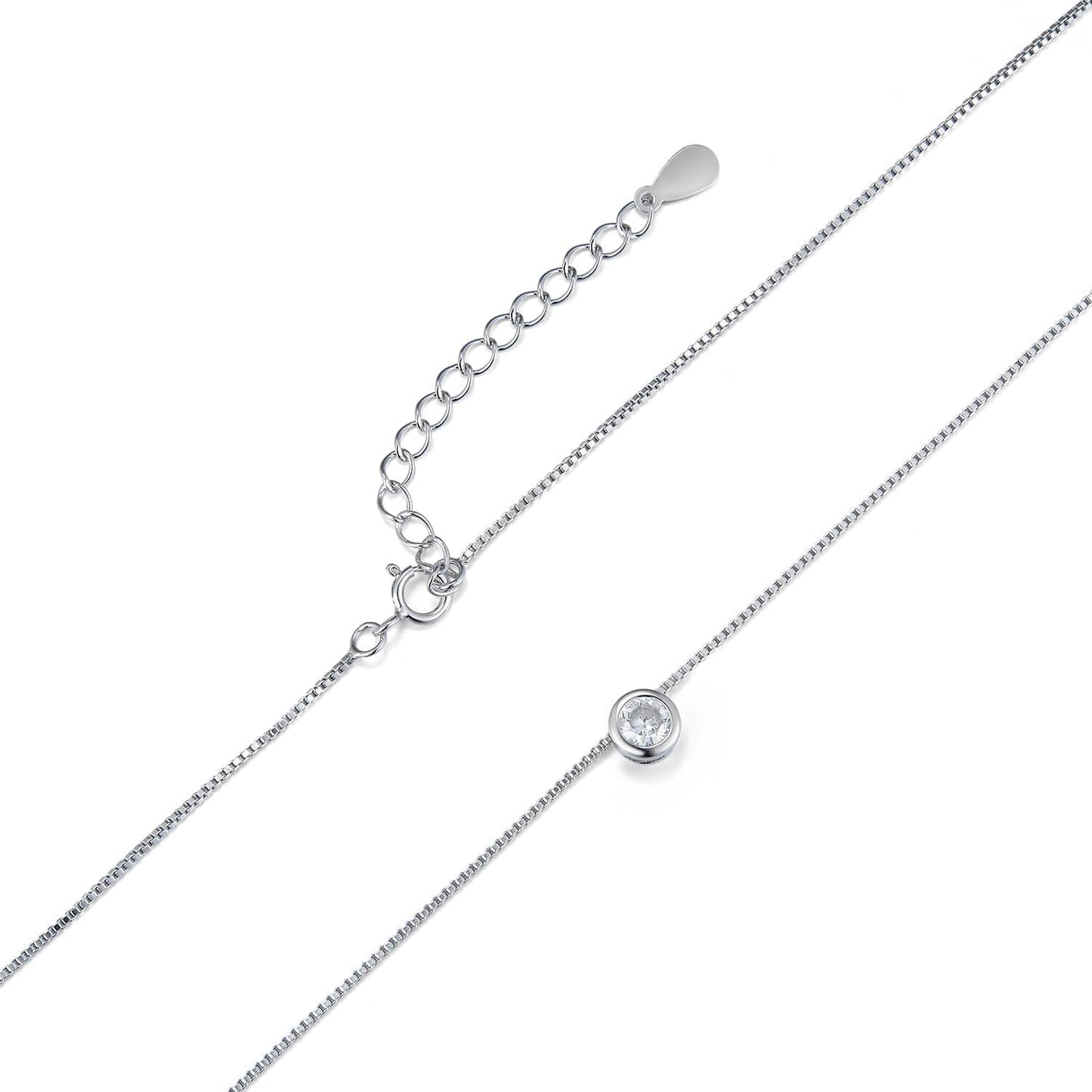 Liegende Schöner-SD Solitär Kette mit Federring-Verschluss und Verlängerung aus 925 Silber.