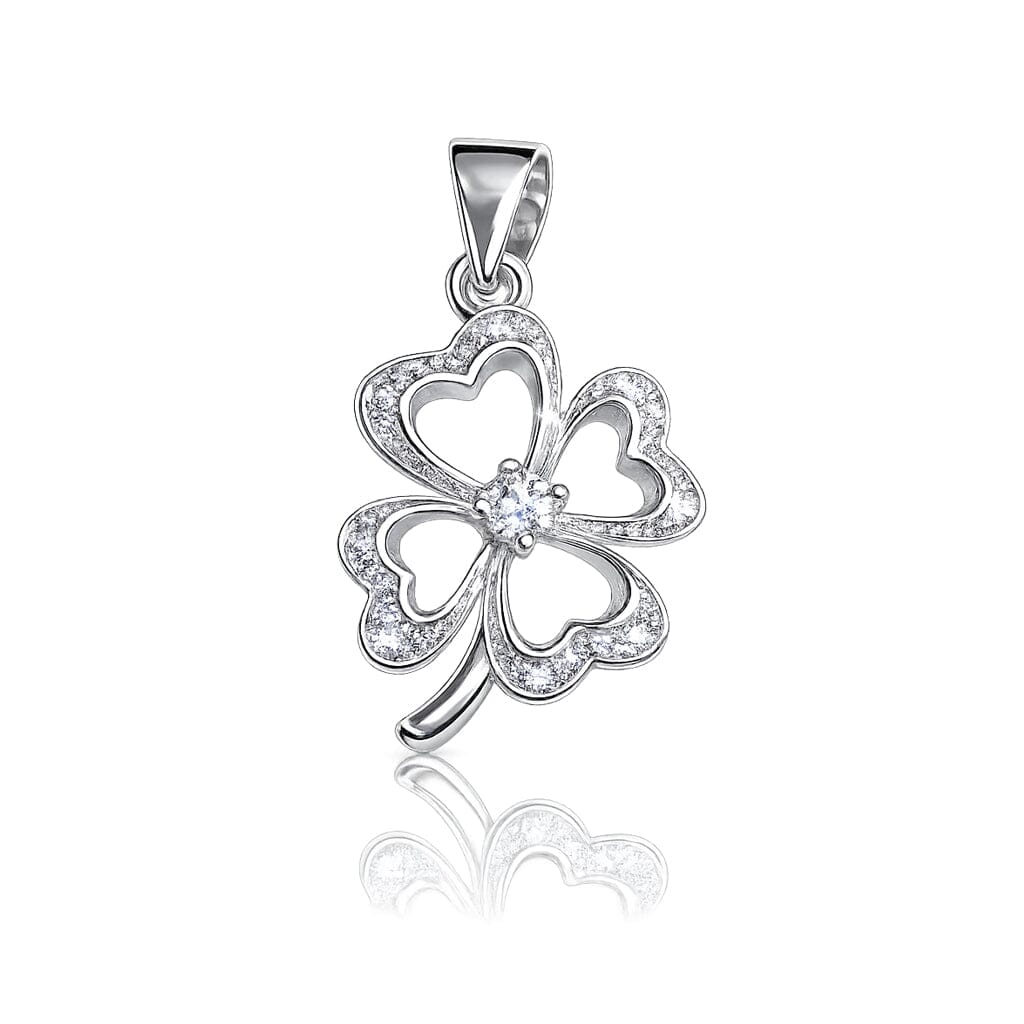 Schöner-SD Motiv filigraner Kleeblatt-Anhänger aus 925 Silber rhodiniert mit dezenten Zirkonia Steinen in Frontalansicht.