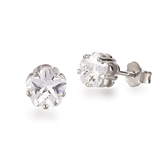 Schöner-SD funkelnde Zirkonia Solitär Blumen-Ohrstecker aus 925 Silber rhodiniert in Frontalansicht und Seitenansicht.