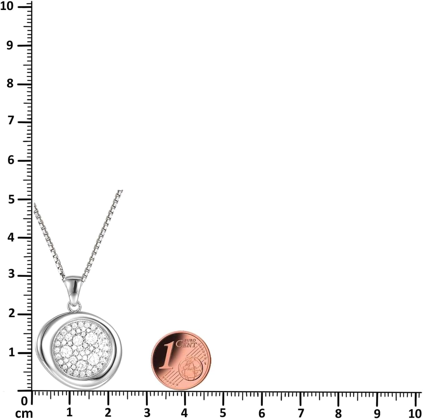 Schöner-SD Kristall Größenvergleich des ca. 20 mm großen runden Zirkonia-Anhängers neben einem Lineal.