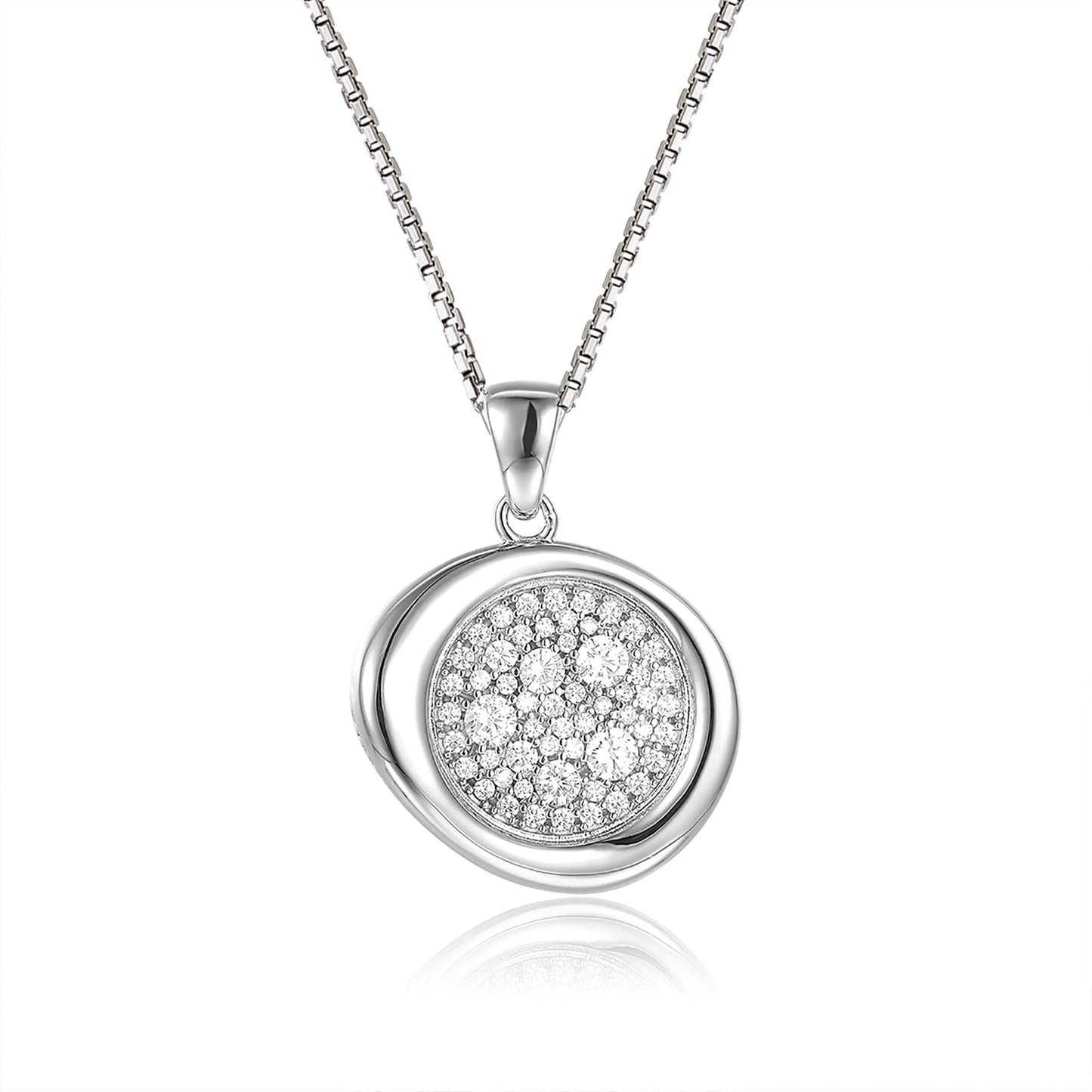 Schöner-SD Kristall Halskette mit rundem Anhänger in Pavé-Fassung aus 925 Silber und funkelndem Zirkonia-Besatz.