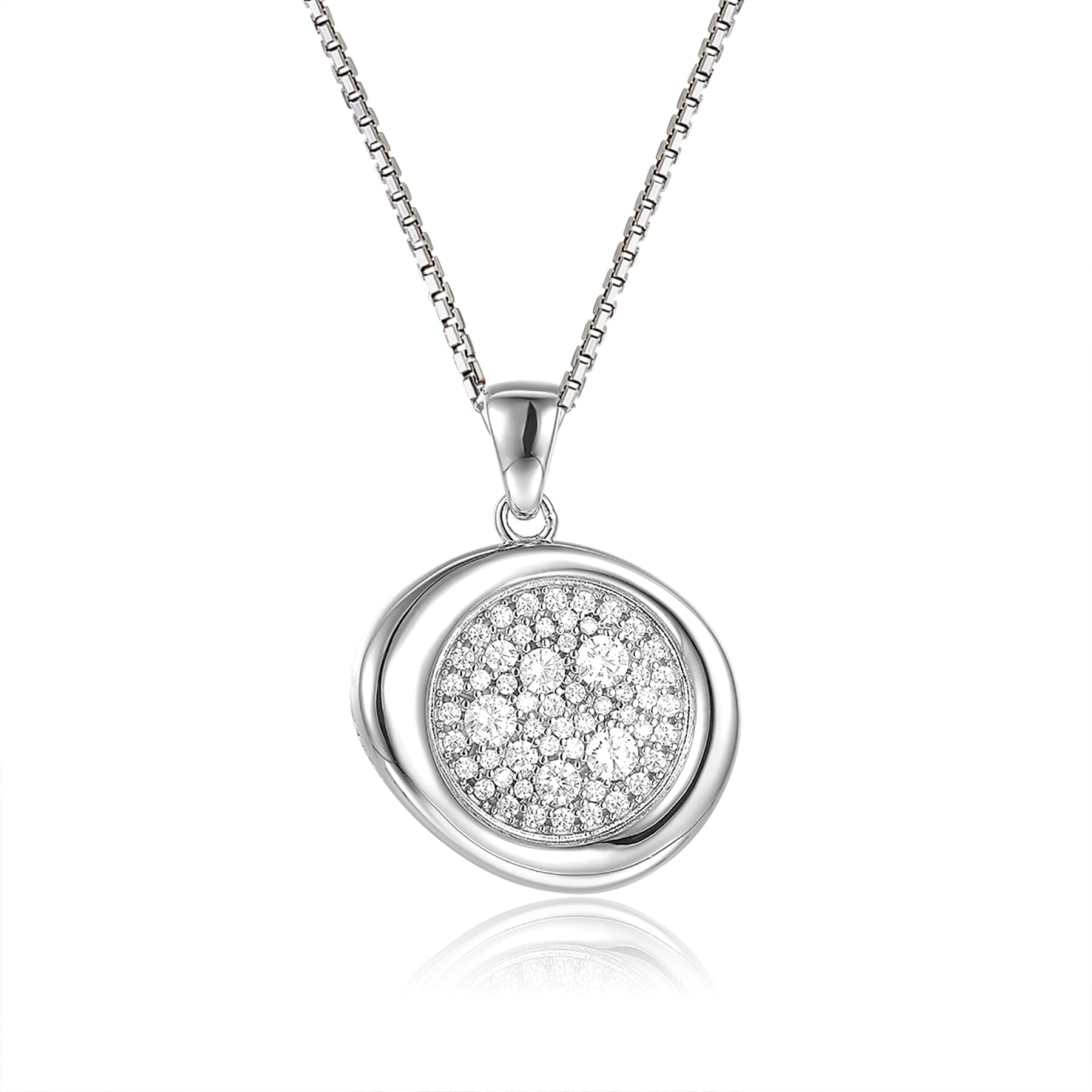 Schöner-SD Kristall Halskette mit rundem Anhänger in Pavé-Fassung aus 925 Silber und funkelndem Zirkonia-Besatz.