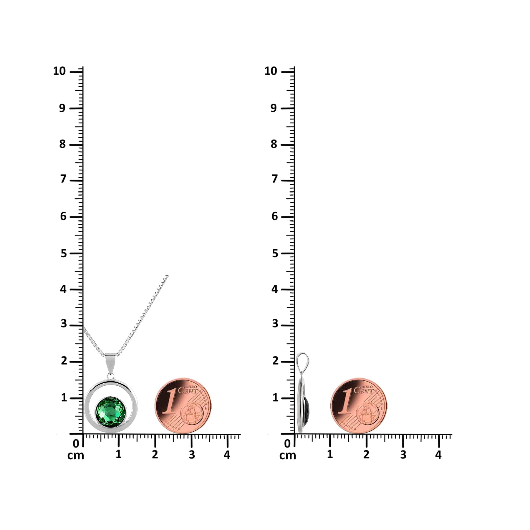 Schöner-SD Halskette mit rundem Anhänger neben einem Lineal zum Vergleich der exakten Maße und Proportionen.