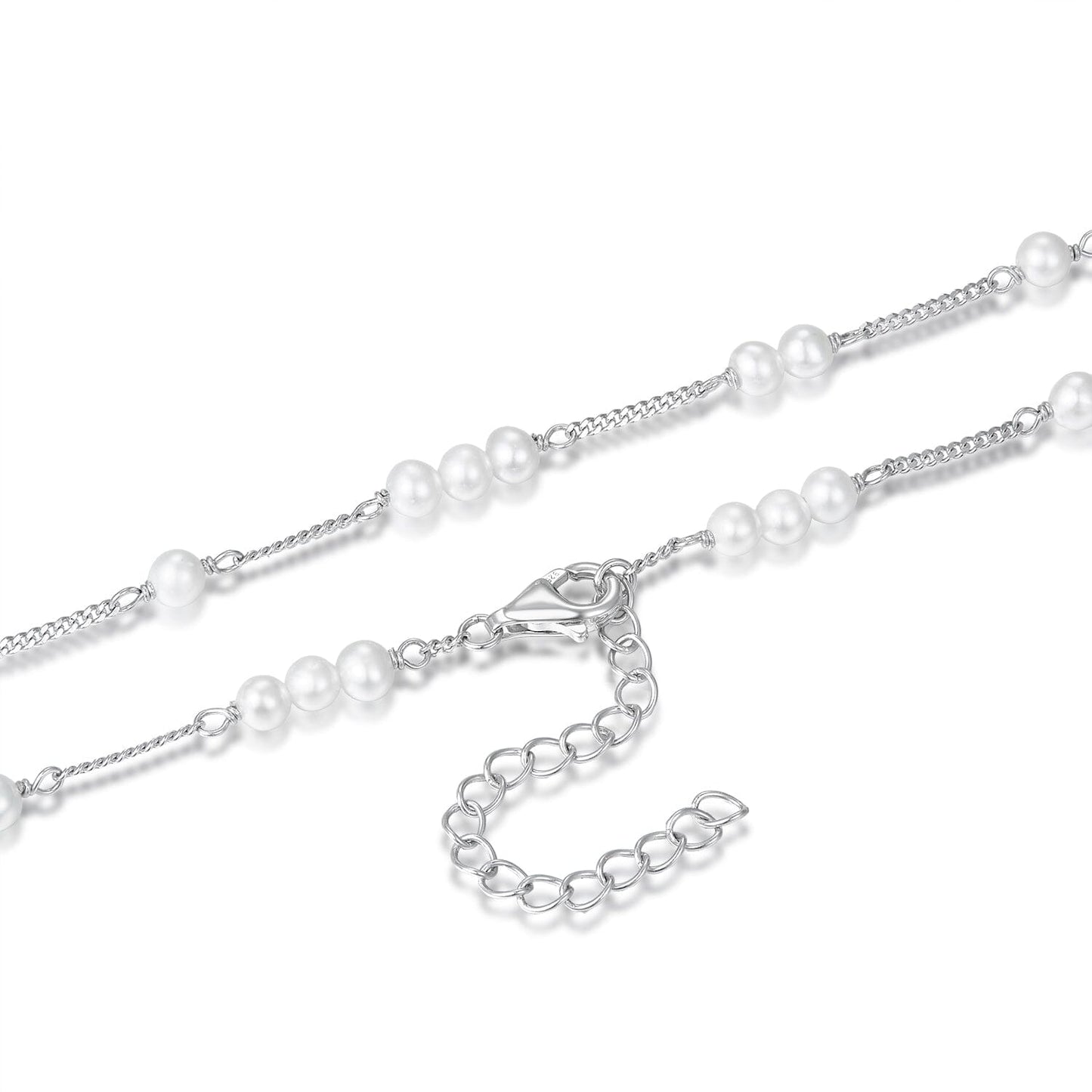 Schöner-SD Perlencollier Detailaufnahme der schimmernden Süßwasserzuchtperlen sowie 925 Silber-Karabiner und Verlängerungskettchen.