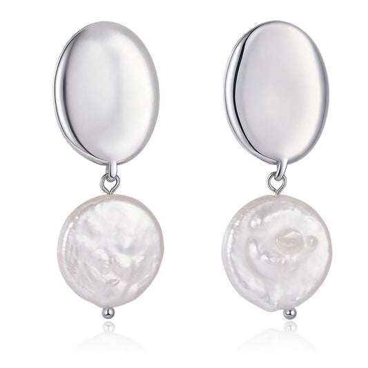 Statement Perlenohrringe aus Edelstahl mit großer Coin Pearl hängend