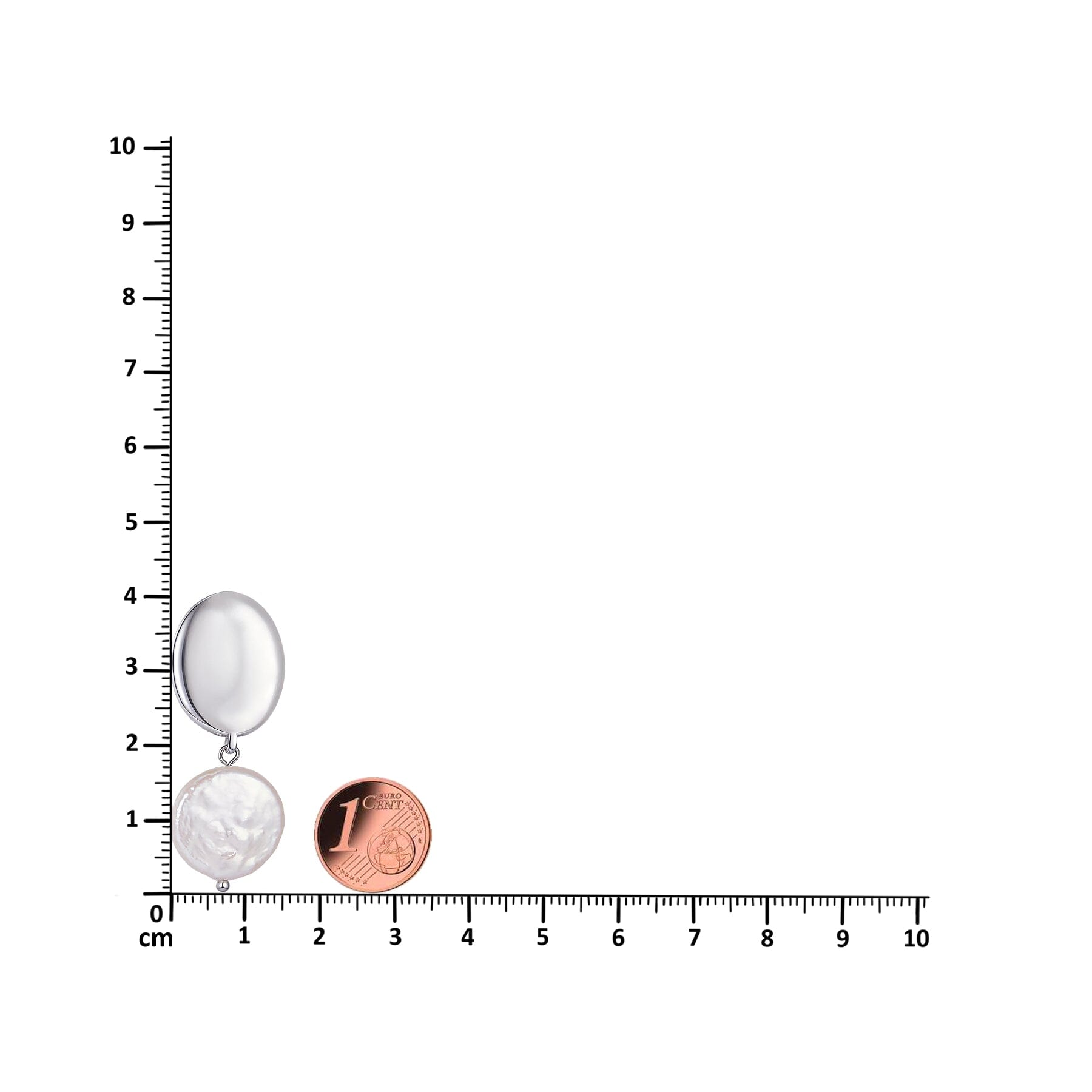 Statement Perlenohrringe aus Edelstahl mit großer Coin Pearl hängend mit Lineal und 1-Cent-Münze zum Größenvergleich
