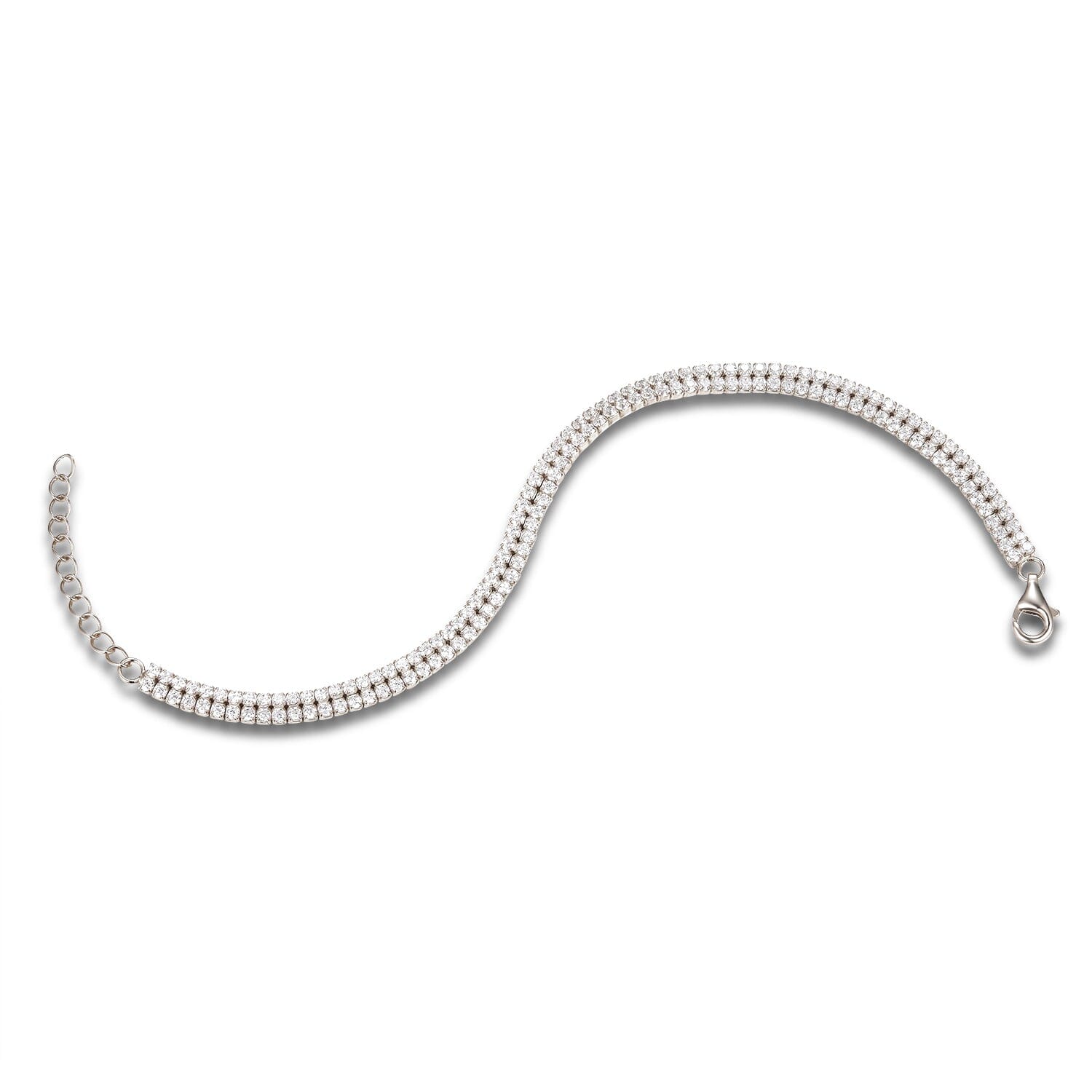 Tennisarmband aus 925 Silber mit 2 Reihen Zirkonia in liegender Ansicht lang